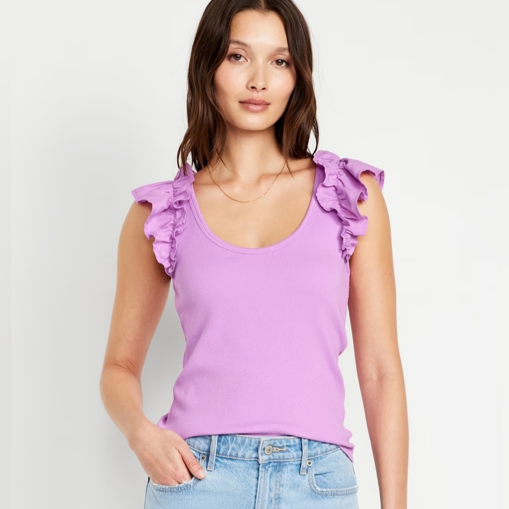OLD NAVY MIXED FABRIC RUFFLED TANK TOP PINK ROCK ROSE Medium NEW WITH TAGS NWT - Picture 2 of 3